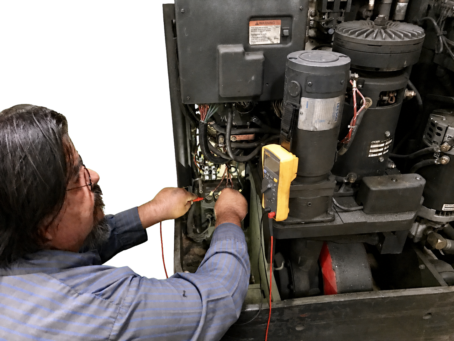 Atlas Lift technician diagnosing forklift components